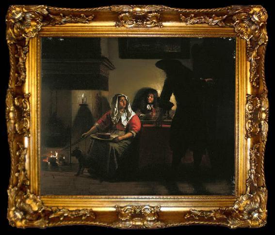 framed  Pieter de Hooch Interior with Two Gentleman and a Woman Beside a Fire, ta009-2